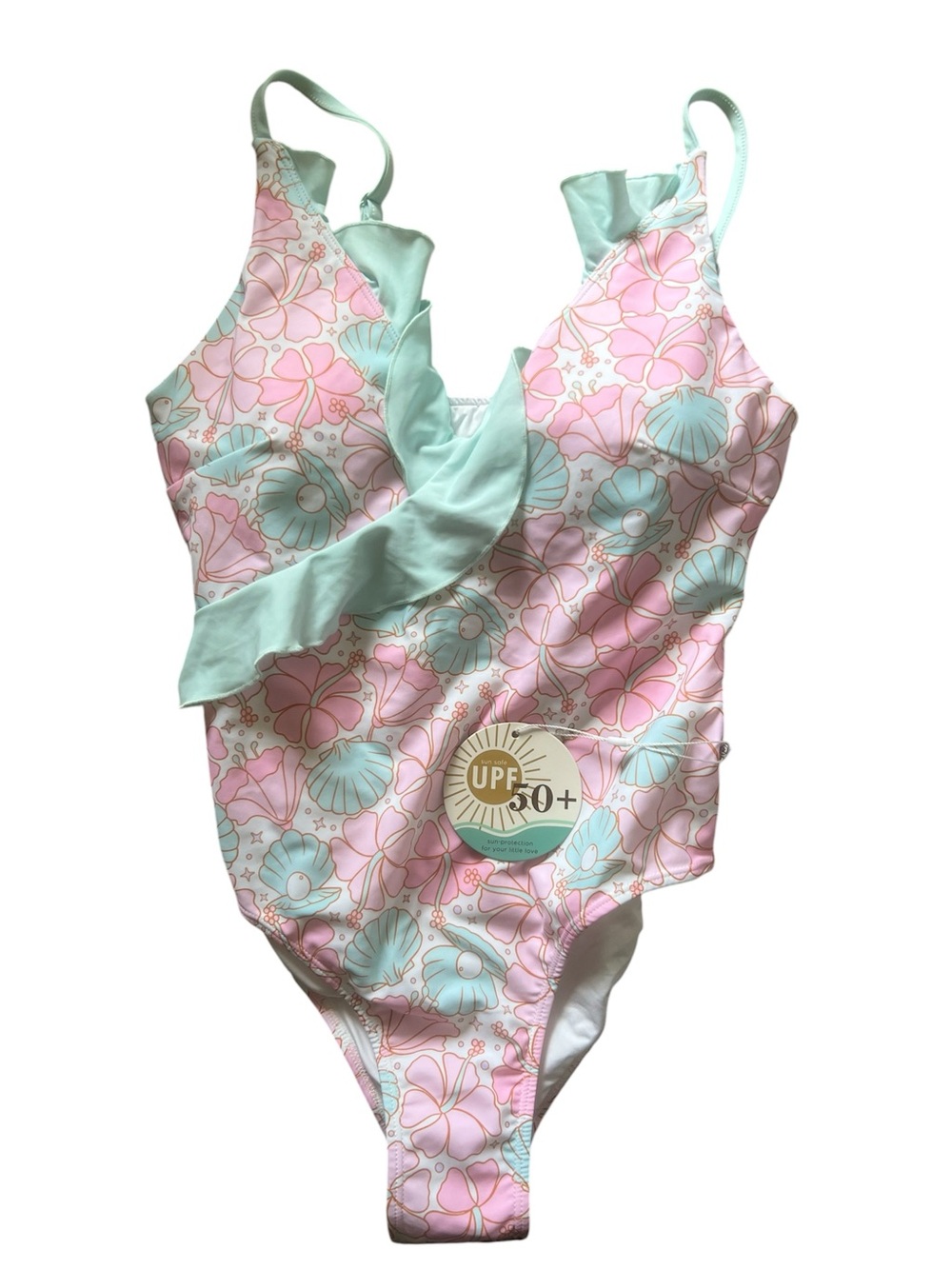 Caden Lane Women’s One-Piece Ruffled Swimsuit in Ocean Pearl | Large NWT